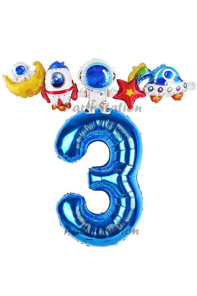 Parti Station Navy Blue Color Number Balloon Space Concept 3 Year Old Birthday Balloon Set Galaxy Astronaut Space Party