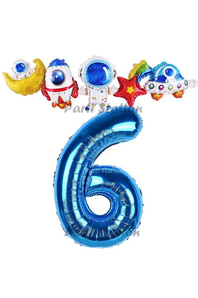 Parti Station Navy Blue Color Number Balloon Space Concept 6 Years Birthday Balloon Set Galaxy Astronaut Space Party