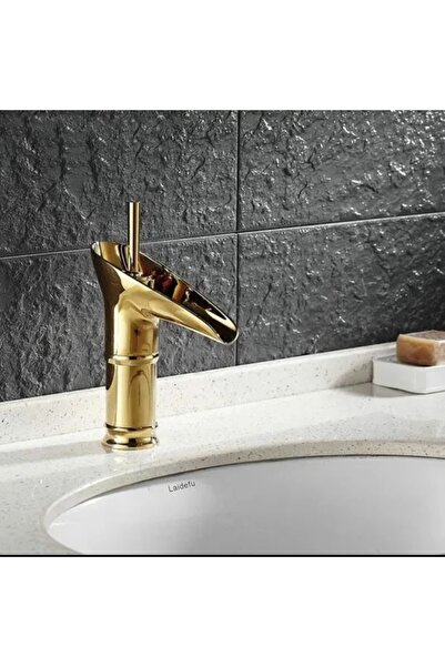 İSAOĞLU YAPI Gold Lavabo Musluğu Şelale Batarya Doğal Akışlı Musluk Altın Bat...