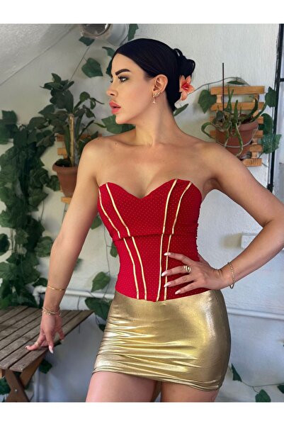 KAYAHAN COLLECTION Gold Şerit Detaylı Kuplu Straplez Büstyeri