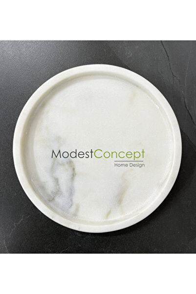 Modestmar Doğal Beyaz Mermer Yuvarlak Tepsi 25cm Calacatta Mermer