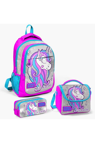Yaygan Set de genți de școală Coral High Kids, roz argintiu, cu model unicorn, 3 piese
