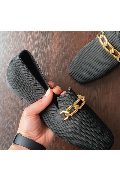 Afilli Жіночі чорні трикотажні балетки з ланцюжком і блискучими камінцями, з рівною підошвою, для повсякденного носіння, літні туфлі