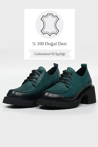 TUNAELLİ PANTOFI OXFORD CU ȘANȚURI DE PIELE NATURALĂ VERDE PETROLEU DE FEMEI