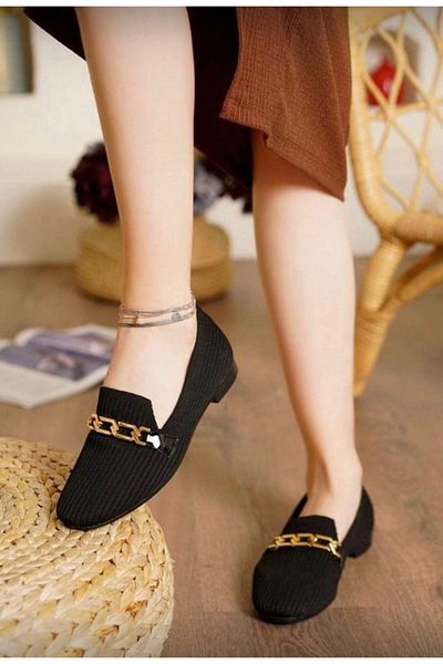 Afilli Women's Black Knitwear Chain Stoned Shiny Flat Sole Ballerinas Casual Walking Daily Summer Shoes