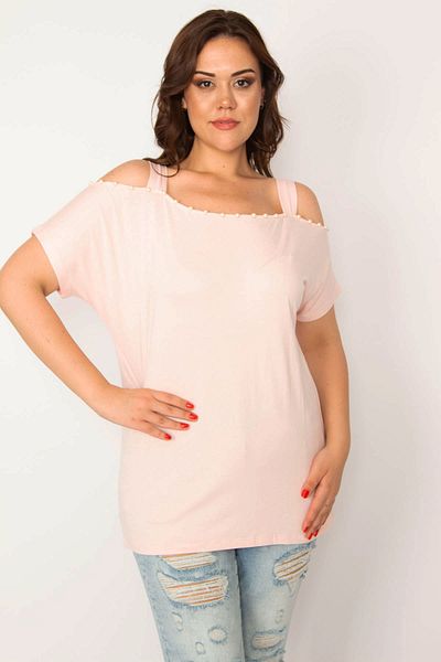 Şans Women's Large Size Pink Pearl Detailed Strappy Blouse 65n33542