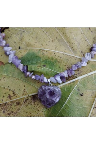 Galibarda Ametist Doğal Kiriktas Büyük Kalpli Kolye
