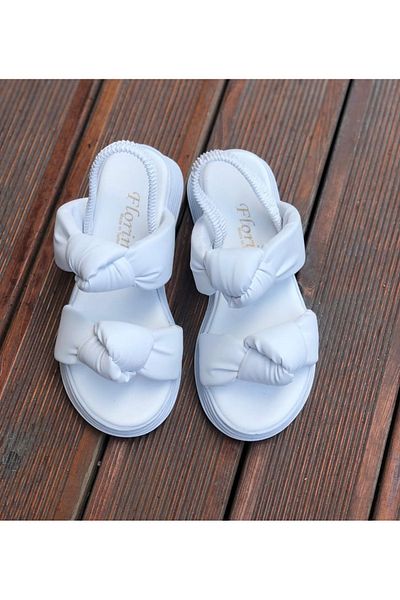 FLORİN Florin Women's White Single Band Knitted Thick Sole Casual Sandals Wedge Knot Summer Daily Shoes