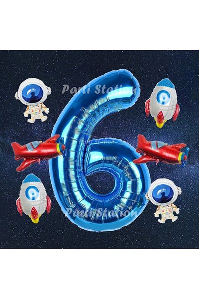 Parti Station Navy Blue Color Number Balloon Space Concept 6 Years Birthday Balloon Set Galaxy Astronaut Space Rocket Balloon