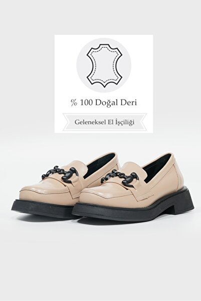 TUNAELLİ KADIN BEJ HAKİKİ DOĞAL DERİ TOKALI LOAFER AYAKKABI