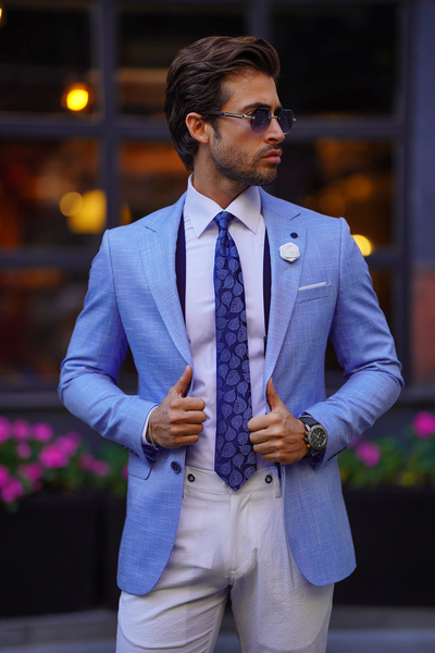 NAZEF Dar Kesim Kendinden Desenli Mono Yaka Keten Mavi Ceket