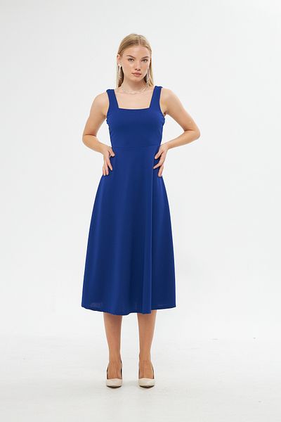 lovebox Flexible Crepe Fabric Thick Strap Square Neck Midi Length Flared Design Saks Blue Evening Dress 086