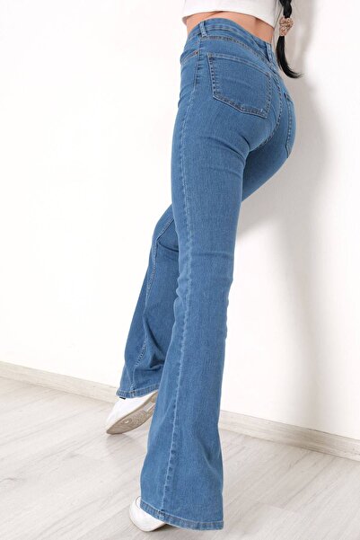 geenz manifacture Orta Mavi İspanyol Paça Yüksek Bel Power Likra Toparlayıcı Kot Pantolon