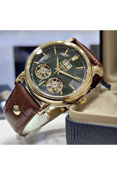 Raymond Green Brown Double Tourbillon Automatic Men's Wristwatch