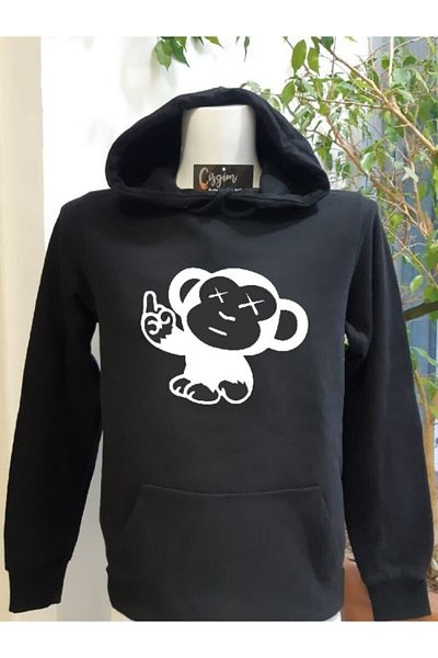 Pisa Art Unisex Μαύρο φούτερ με κουκούλα Crazy Monkey με στάμπα