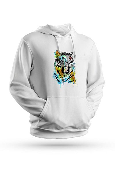 Pisa Art Πολύχρωμο Tiger Printed Λευκό Unisex Φούτερ με κουκούλα