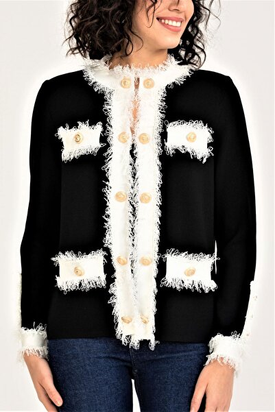 trikobis Bantları Püskül Detaylı Gold Düğmeli Özel Tasarım Triko Hırka