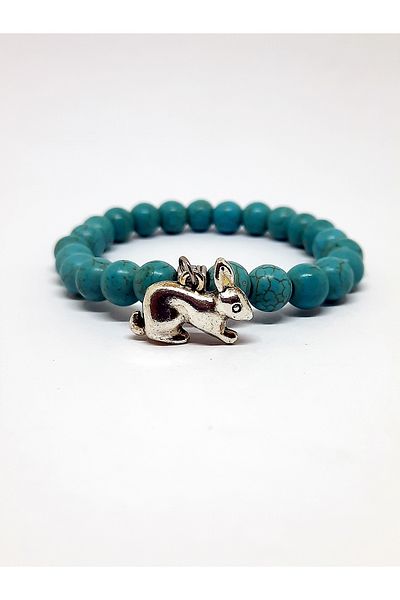 Kusakli Turquoise Women's Natural Stone Design Bracelet with Hanging Rabbit Figure
