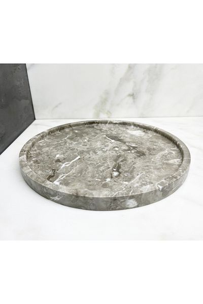 Modestmar Natural Gray Marble round Tray, Bathroom Organizer, Presentation Plate