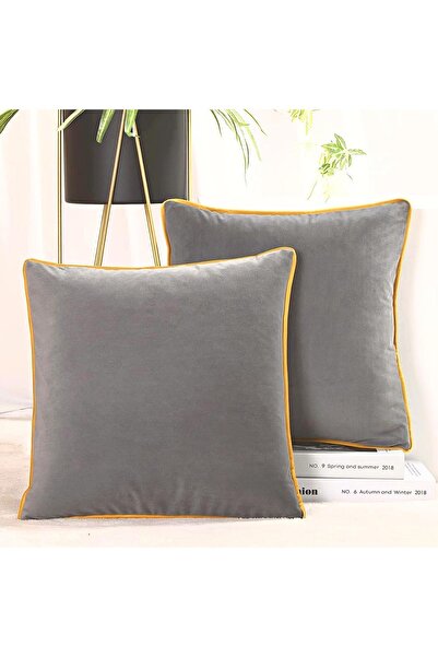 Bc Home 2'li Sarı Kenar Biyeli Gri Kare Kırlent Kılıfı Seti , Kadife Görünüml...