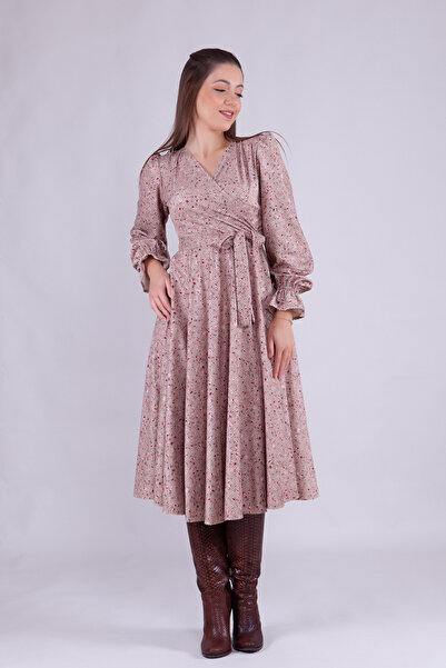 NO48 Bej Çiçek Desenli Midi Boy Kadife Kumaş Uzun Kol Elbise