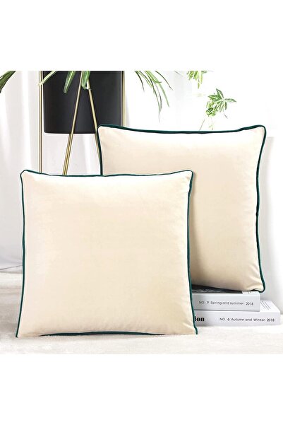 Bc Home 2'li Çam Yeşili Kenar Biyeli Krem Kırlent Kılıfı Seti, Kadife Görünüm...