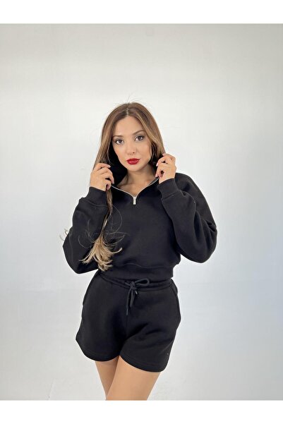 BosFonis Kadın Siyah Renk Üç İplik Kışlık Kazak Şort Takım