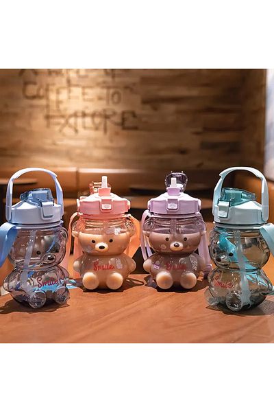 FETHİYE TOPTAN Smile Teddy Bear Model Water Bottle Water Bottle Water Bottle 1000 ML Student Water Bottle School Water Bottle Sticker Gift