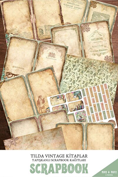 MuslimWalk Tilda Vintage Okuma Temalı Yapışkanlı Scrapbook Kağıtları 10'lu Se...