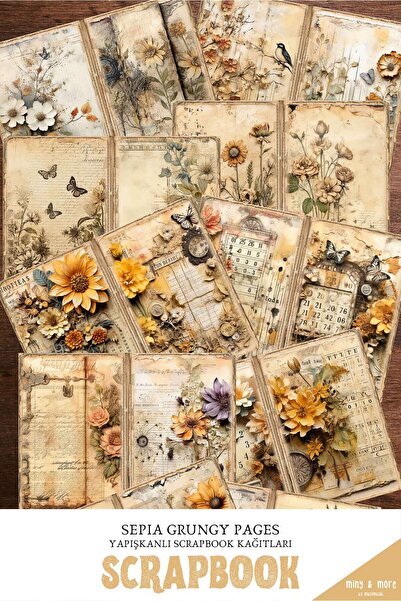 MuslimWalk Sepia Grungy Pages - Yapışkanlı Scrapbook Kağıtları 10'lu Set #SB104