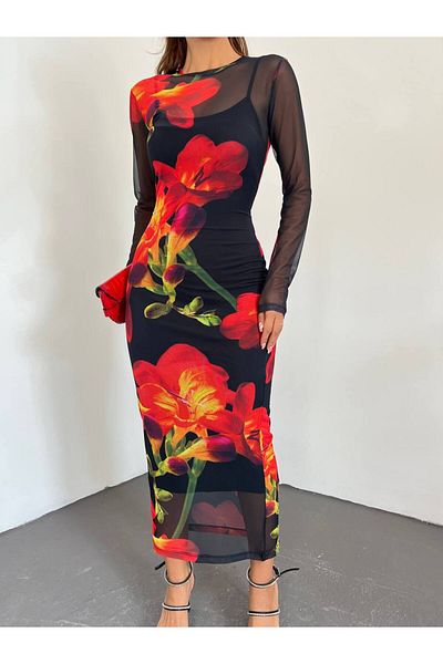 Senem Karadağ Women's Patterned Tulle Dress with Removable Underlining