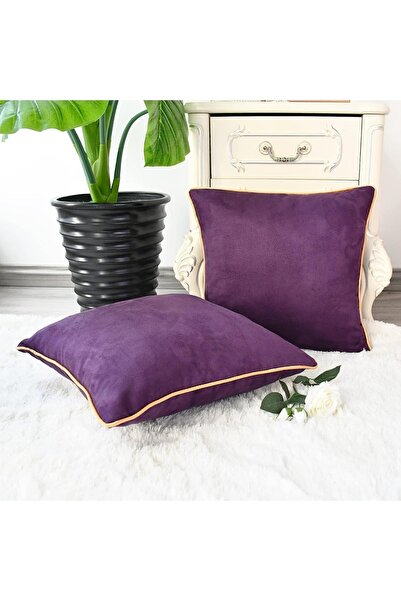 Bc Home 2'li Altın Kenar Biyeli Mor Kırlent Kılıfı Seti, Kadife Görünümlü 2 A...