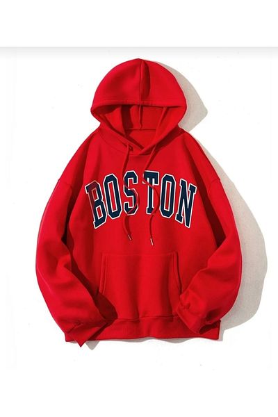 MAGORS , 3 THREAD, HOODED, BARGAIN, KANGRUO POCKET, BOSTON PRINTED, MEN&WOMEN, RED SWEATSHIRT