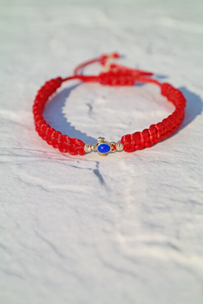 maycollection Mavi Minik Kaplumbağa Kırmızı Floş İp Tasarım Makrome Bileklik