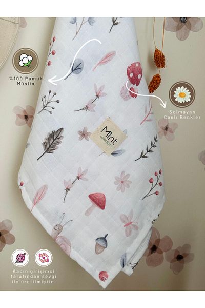 MİNT COLLECTİON Single Layer Muslin Baby Blanket with Pink Figure