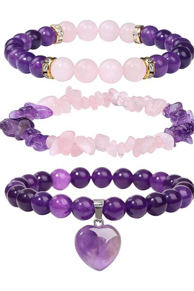 NBS Beautiful Naturel Stones Ametist,pembe Kuvars Doğal Taş Set Bileklik 8 Mm...