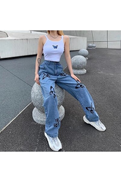 Gofeel Butterfly Baskılı Kar Yıkamalı Unisex Bol Paça Kelebek Desenli Mavi Pa...