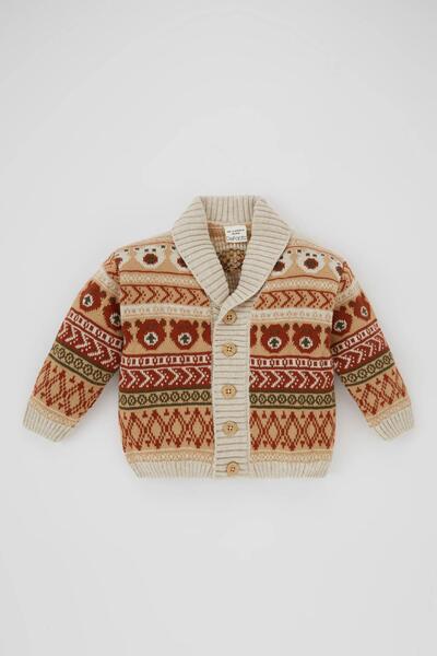 DeFacto Baby Boy Ethnic Patterned Shawl Collar Knit Cardigan A3839a523wn