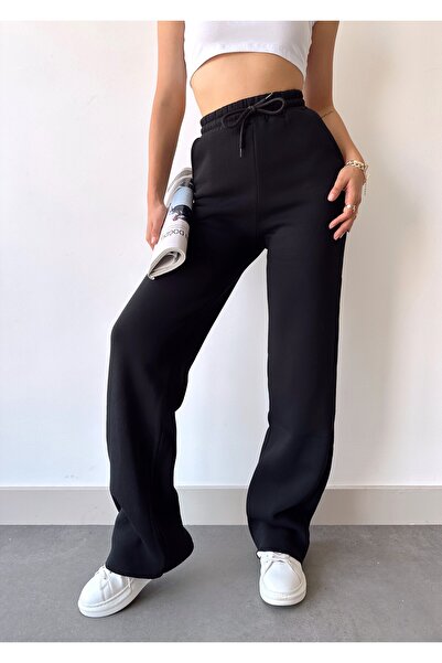 schlank Kadın Siyah İçi Polarlı Kışlık Bağcıklı Yüksek Bel Bol Paça Eşofman Altı
