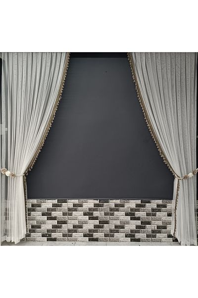 Art Perde 2 Wings Background Curtain Mink Tasseled Floral 2 Wings Tulle Background Curtain