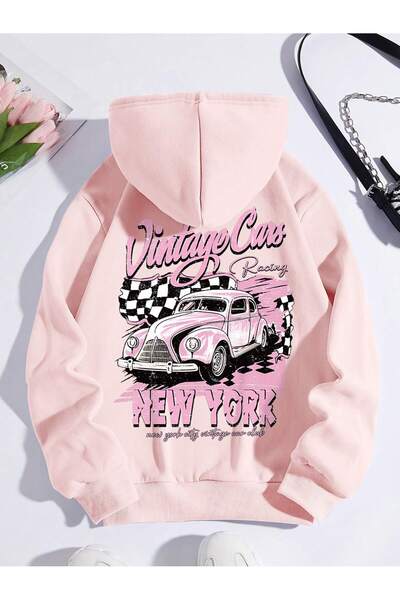 Adrift Hanorac cu glugă căptușită cu șnur cu grafic Car & Letter Roz