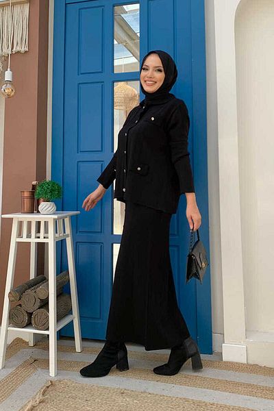 Bym Fashion Κουμπί Λεπτομερής Δίκλινο Κοστούμι με φούστα Pocket Look 23306 Μαύρο