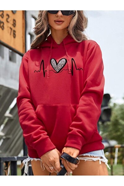 Adrift . Essnce Heart Print Kangaroo Pocket Drawstring Lined Hoodie roșu