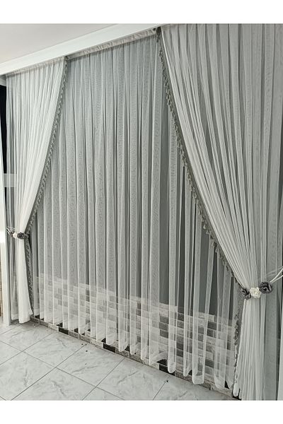 Art Perde Tulle Curtain and Background Curtain Tasseled Background Curtain Set