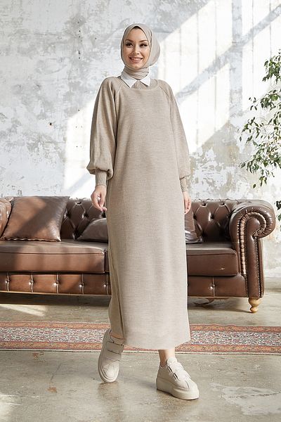 InStyle Rochie tricotaje Mina cu mâneci cu balon - Bej
