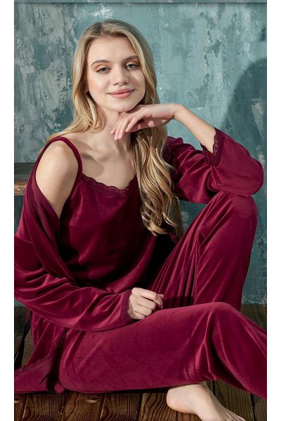 cotonhause Set de pijamale de damă din catifea roșu Claret - Set de 3 C1T3N402-1