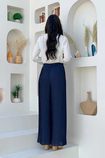 Bym Fashion Waist Elastic Lacing Look Pleated Trousers 0129 Navy Blue