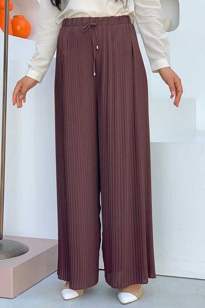 Bym Fashion Παντελόνι με ελαστική μέση με δαντέλα 0129 Καφέ