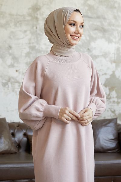 InStyle Mina Balloon Sleeve Knitwear Hijab Φόρεμα - Πούδρα