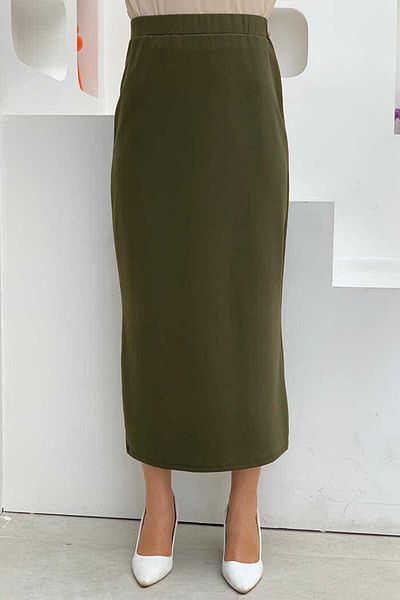 Bym Fashion Μεγάλο μέγεθος Lycra Pencil Φούστα με λάστιχο μέσης 1074-1 Χακί